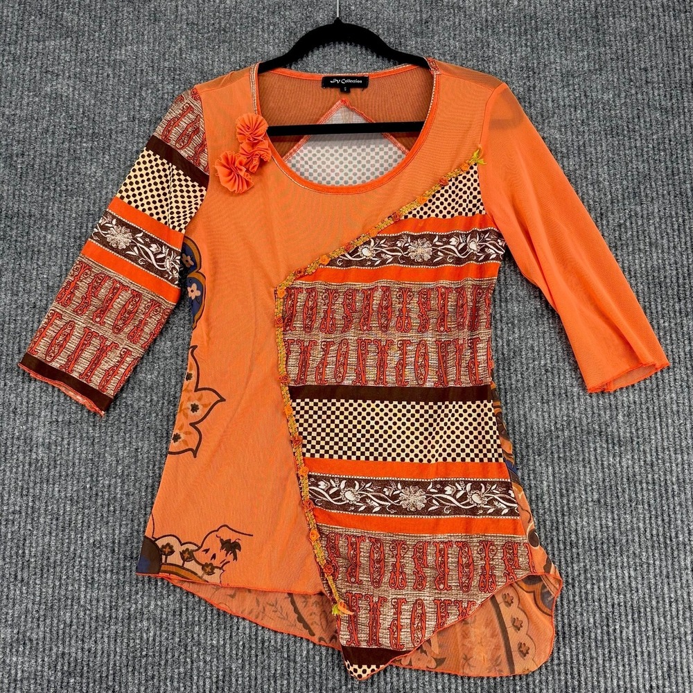 Vintage Y2K Custo‎ Barcelona style mesh top asymmetrical orange tunic Small